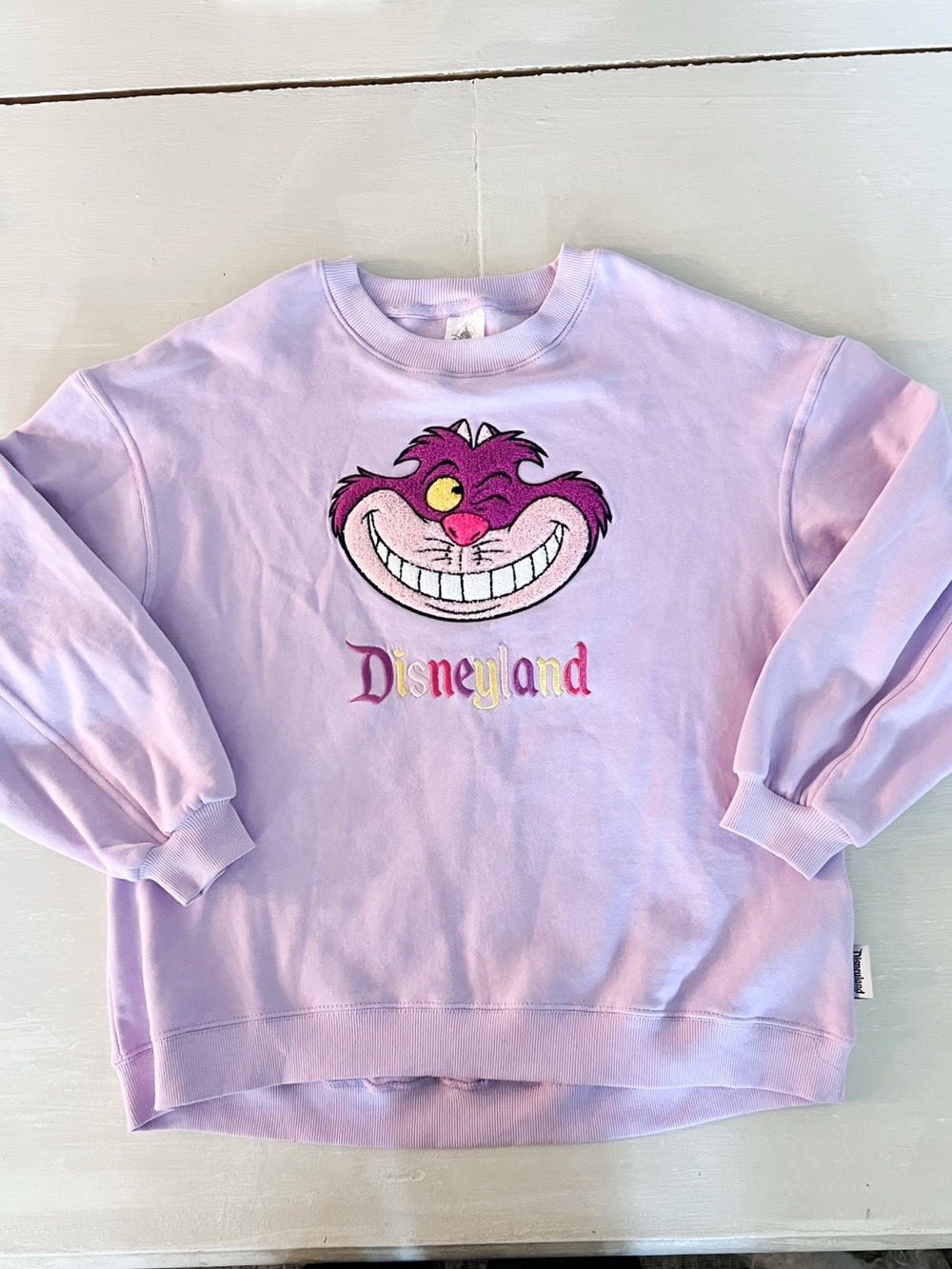 Disneyland Cheshire Cat Lavender Sweatshirt Women XS Embroidered Alice in Wonder